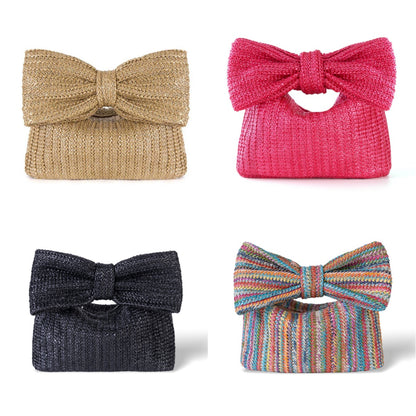 Bow Detail Woven Straw Clutch Handbag for Women