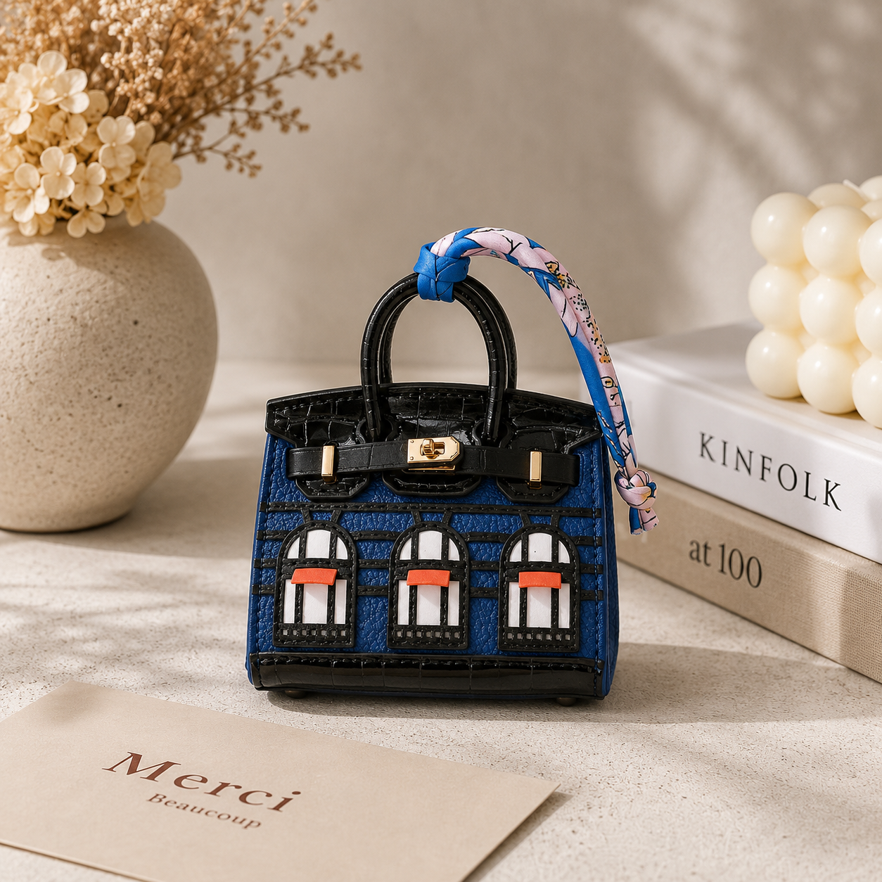 Mini House Bag Charm with Scarf – Faux Leather Coin Purse & Earbud Pouch
