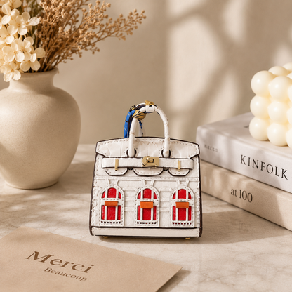 Mini House Bag Charm with Scarf – Faux Leather Coin Purse & Earbud Pouch