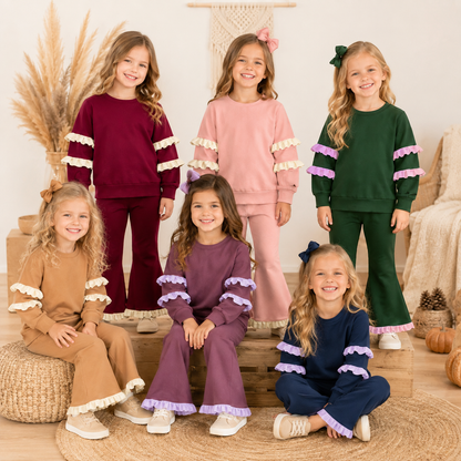 Girls’ Fall Muti-Colors Ruffle Flare Pants Set – Long Sleeve Boutique Outfit
