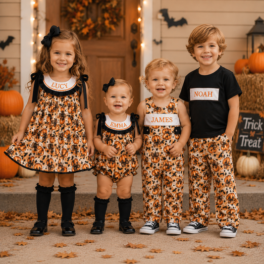 Personalized Halloween Sibling Matching Outfits – Smocked Pumpkin Dress, Romper & Boys Pant Set