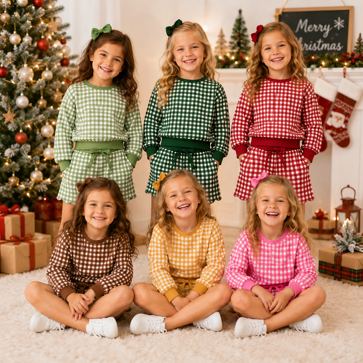 Christmas Gingham Plaid Girls Two-Piece Sweatshirt & Shorts Scallop Set
