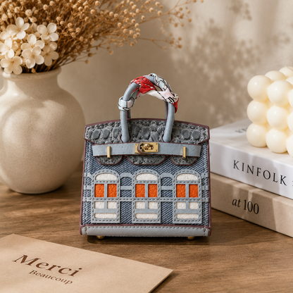 Mini House Bag Charm with Scarf – Faux Leather Coin Purse & Earbud Pouch