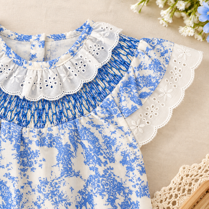 Girls Blue Floral Smocked Dress & Baby Romper – Cotton Summer Sister Matching Outfit