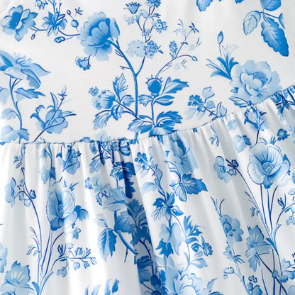 Women Summer Blue Floral Print Milk Silk Soft Dress