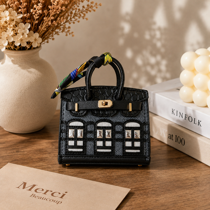 Mini House Bag Charm with Scarf – Faux Leather Coin Purse & Earbud Pouch