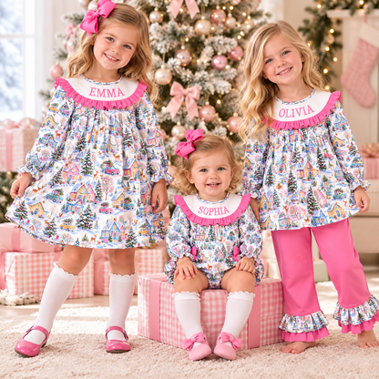 Personalized Girls Christmas Smocked Outfits – Custom Name Embroidery Winter Village Print Dress, Ruffle Pants Set & Baby Romper