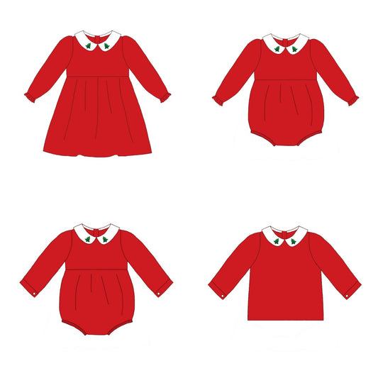 Red Corduroy Christmas Tree Embroidery Sibling Clothes