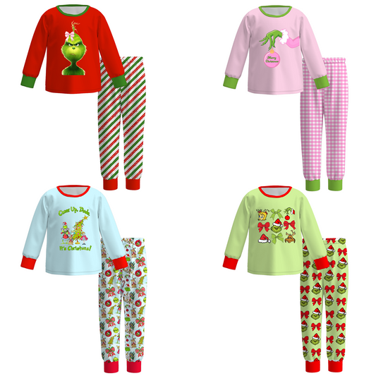 2025 Christmas Girls Grinch Print Pajamas Set Sleepwear
