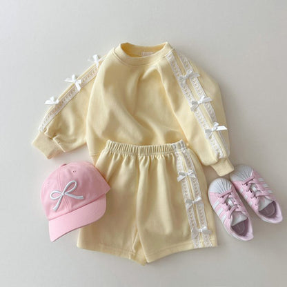 Girls Long Sleeve Top & Shorts Set Cute Bow Detail Two Piece Outfit for Toddlers & Kids