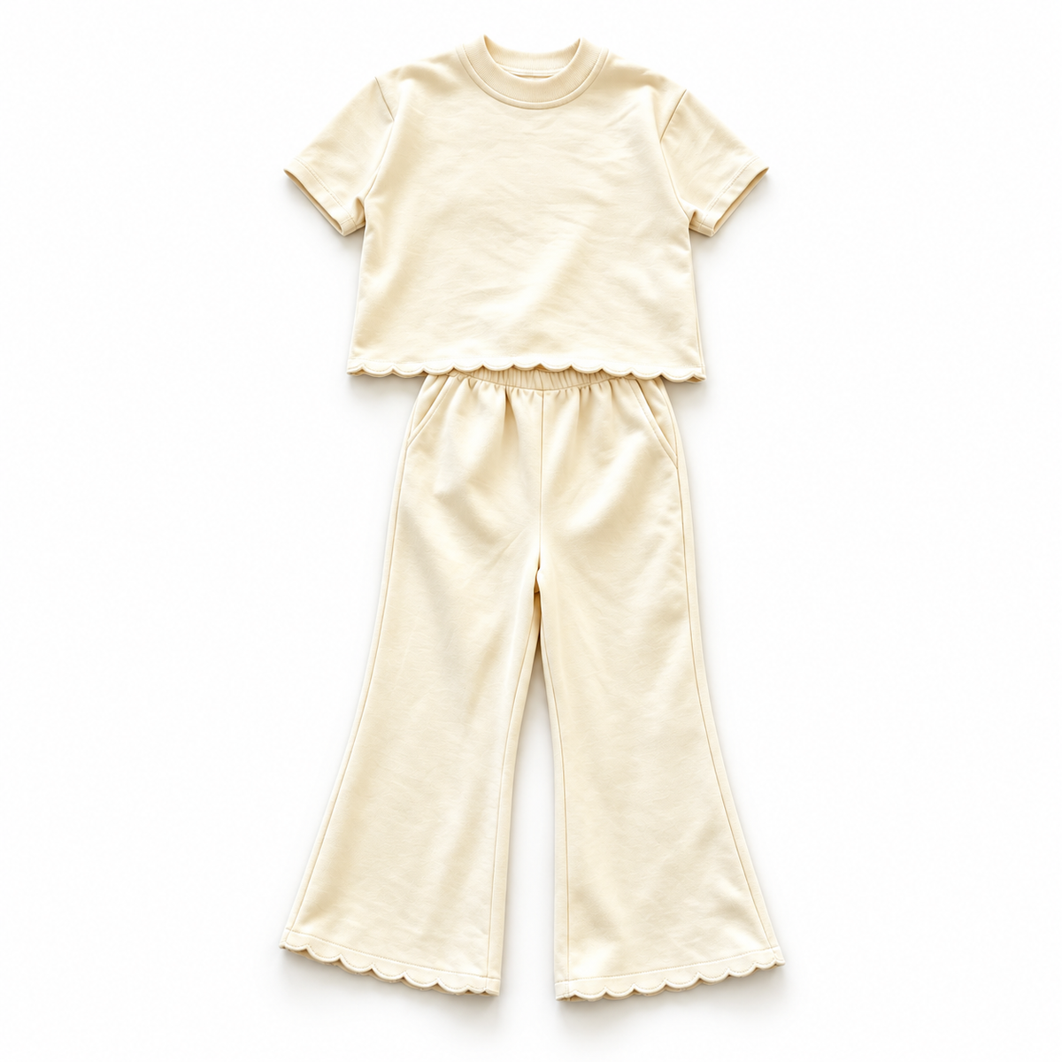 Girls’ Scalloped Cotton Two-Piece Set – Short Sleeve Sweatshirt & Wide-Leg Pants for Fall & Winter