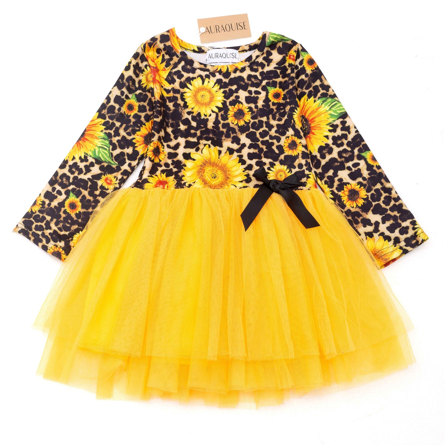 Girls Fall Sunflower Leopard Print Yellow Tulle Long Sleeves Dress