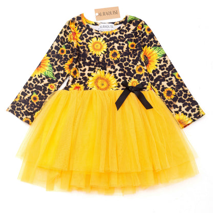 Girls Fall Sunflower Leopard Print Yellow Tulle Long Sleeves Dress