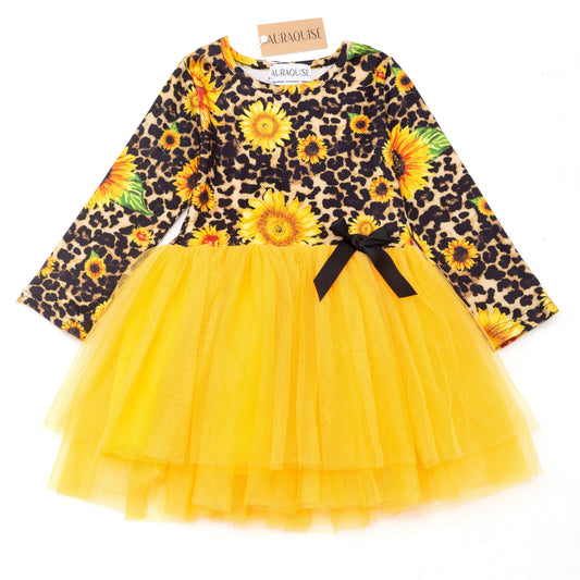 Girls Fall Sunflower Leopard Print Yellow Tulle Long Sleeves Dress