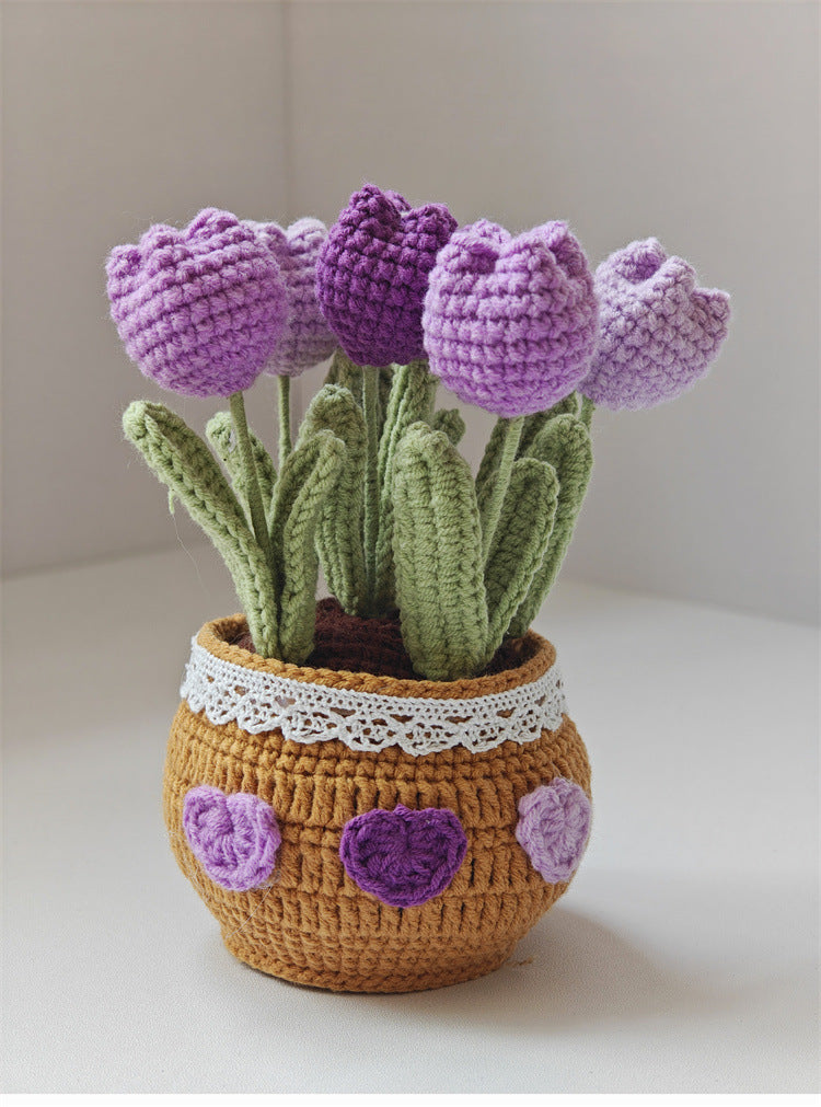 Handmade Knitted Tulip Pot – Crochet Yarn Flower Desk Decor Gift