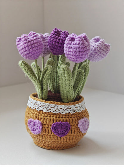 Handmade Knitted Tulip Pot – Crochet Yarn Flower Desk Decor Gift