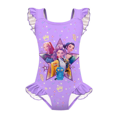 K-pop Demon Hunter Print Girls One-Piece Swimsuit Ruffles Swimwear
