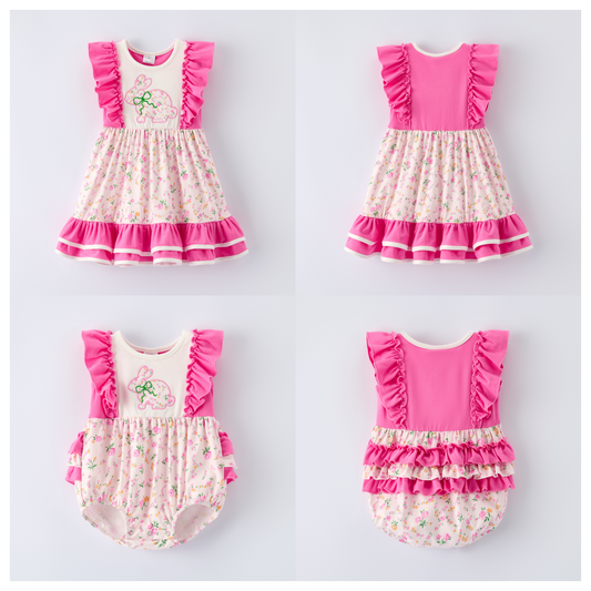 Kids Easter Pink Floral Bunny Collection Embroidery Outfits