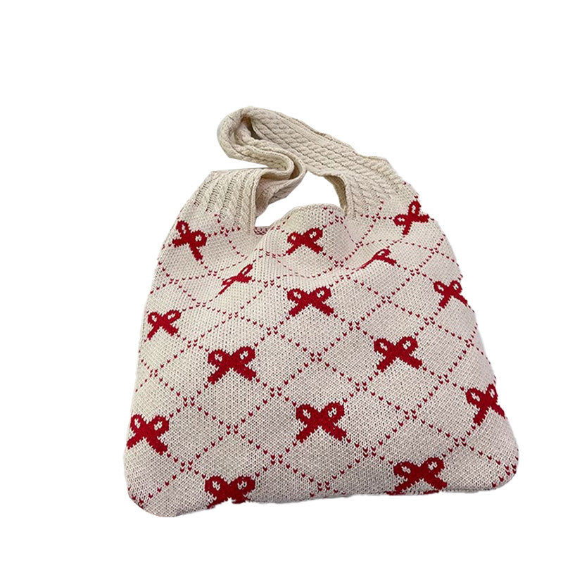 Knitted Bow Print Tote Bag Large Capacity Handbag 3 Colors
