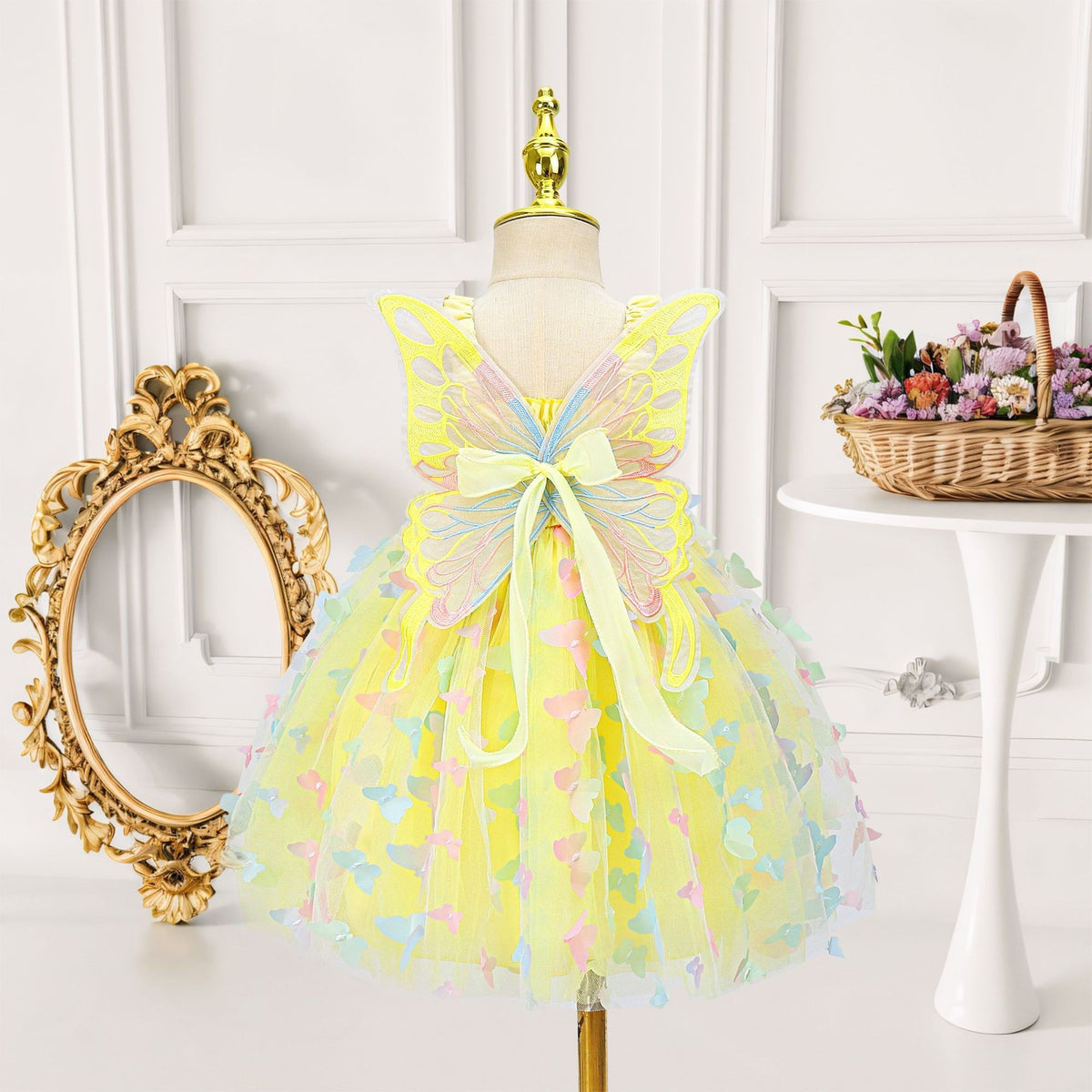 Girls Butterfly Wing Tulle Dress Smocked Spaghetti Strap Party Dress