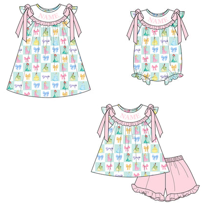 Summer Girls Colorful Bow Custom Name Smocked Embroidery Set Collection