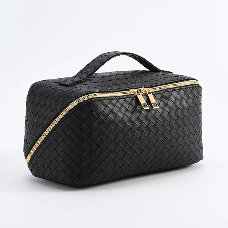 Woven PU Leather Makeup Bag with Handle & Zipper Travel Toiletry & Cosmetic Organizer