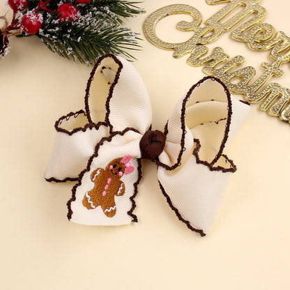 Girls Christmas Embroidered Hair Bow Clips with Scalloped Edges – Festive Grosgrain Ribbon Bows, Pack of 10