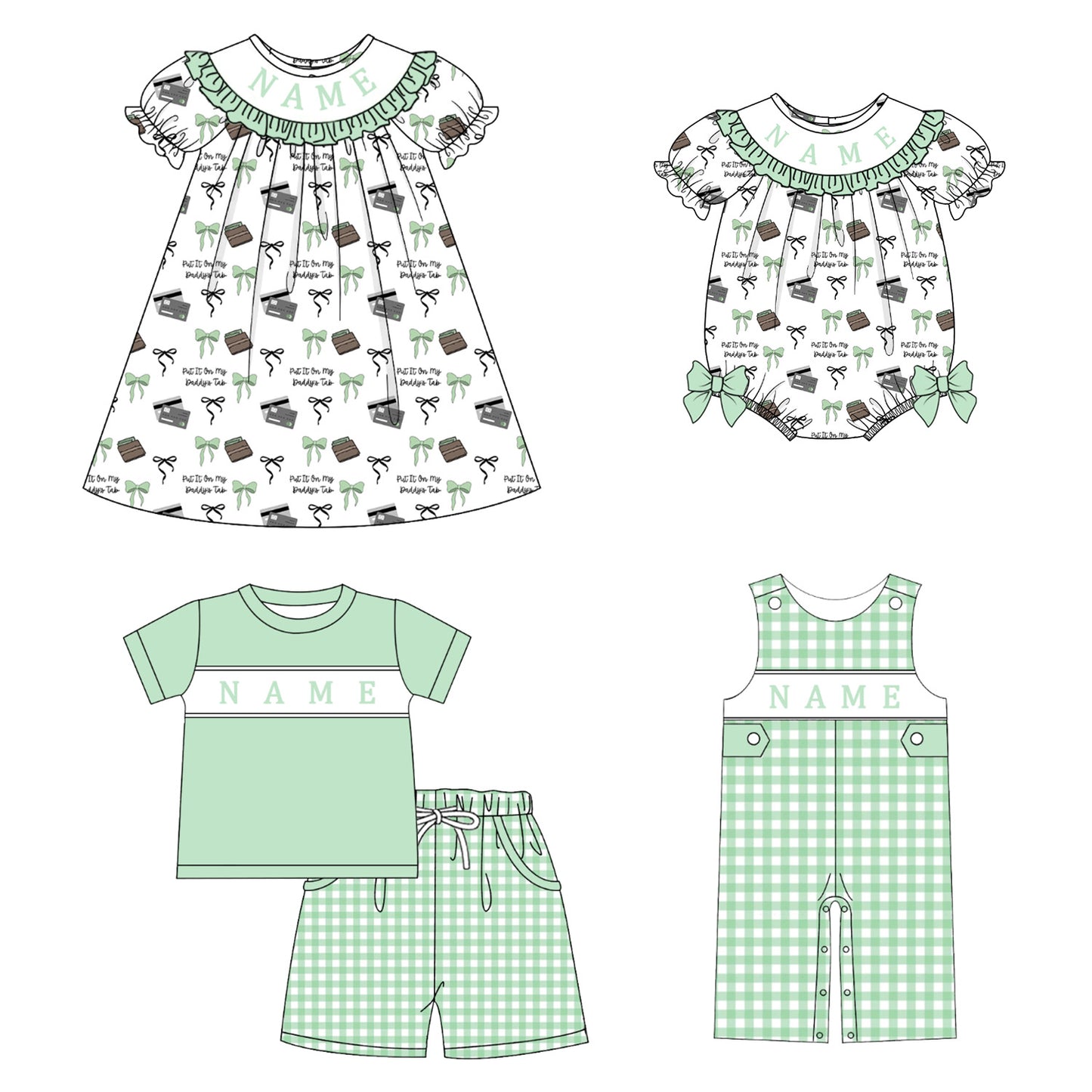 Kids Summer Greem Bow Tab Smocked Custom Name Holiday Outfits