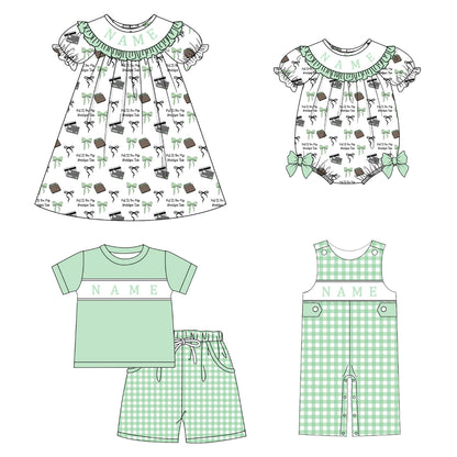 Kids Summer Greem Bow Tab Smocked Custom Name Holiday Outfits