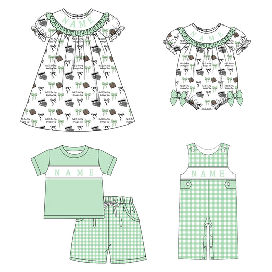 Kids Summer Greem Bow Tab Smocked Custom Name Holiday Outfits
