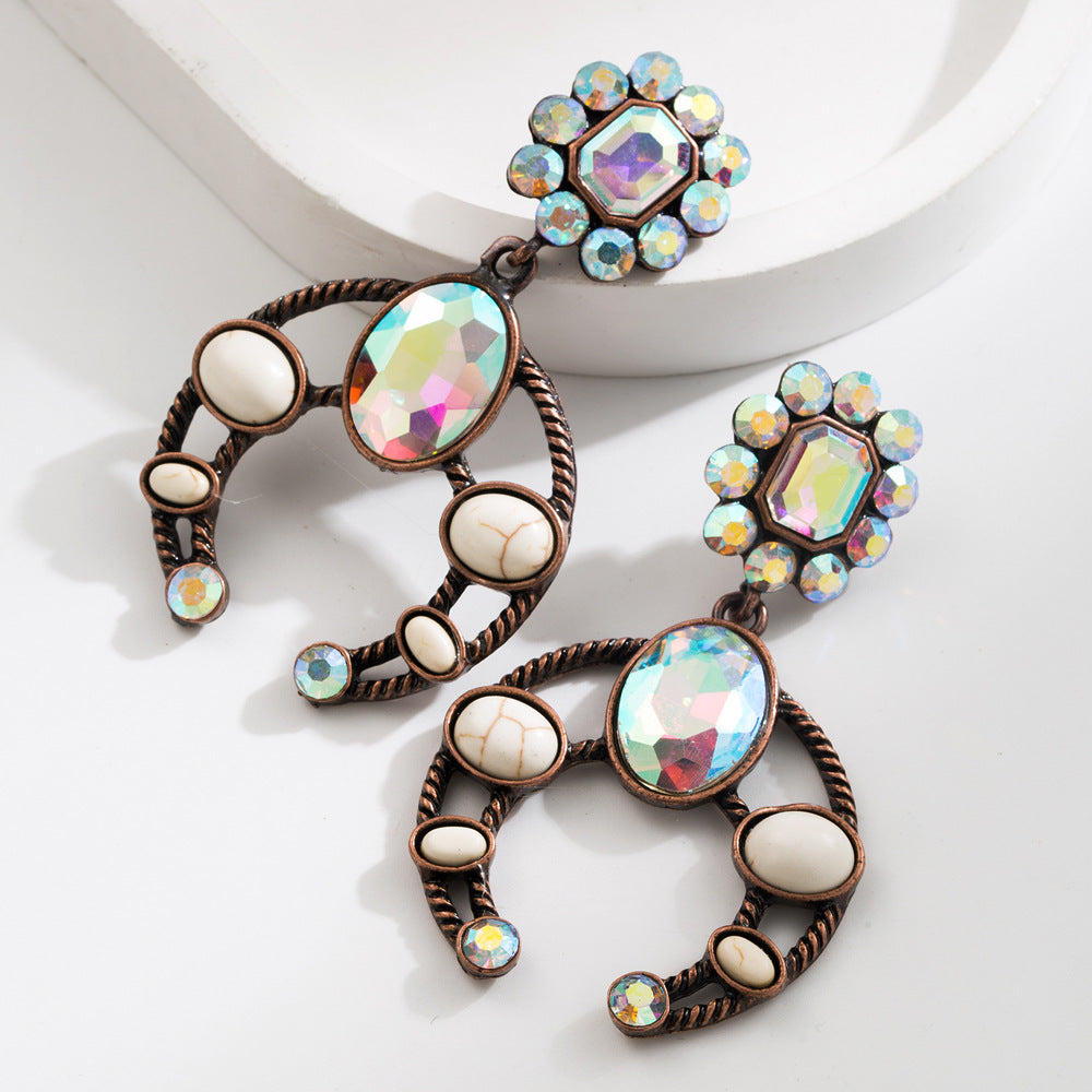 Western Boho Statement Glass Drill Turquoise Pink & Crystal Drop Earrings