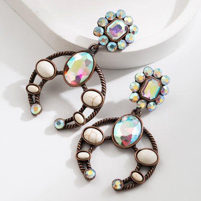 Western Boho Statement Glass Drill Turquoise Pink & Crystal Drop Earrings
