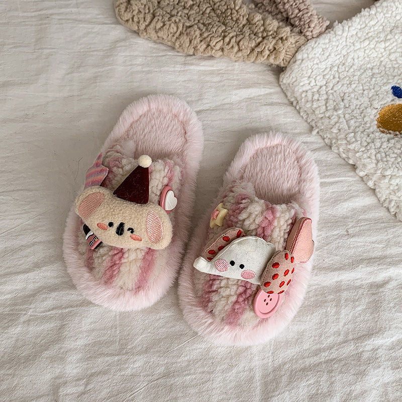 Kids Plush Slippers Winter Cartton Stuffed Doll Stripe Unisex Cozy Non-Slip  Slide Mule Slippers