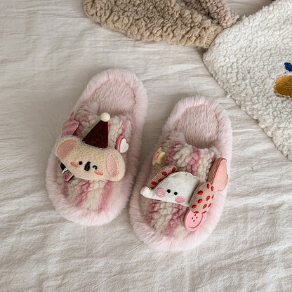 Kids Plush Slippers Winter Cartton Stuffed Doll Stripe Unisex Cozy Non-Slip  Slide Mule Slippers