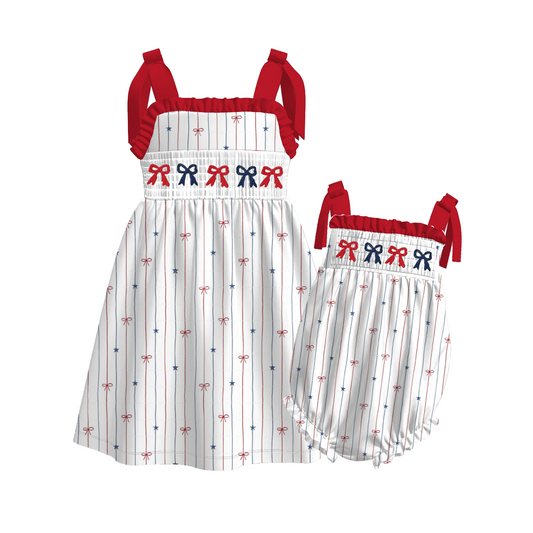 Girls July 4th Red Blue Bow Embroidered Smocked Dress Romper