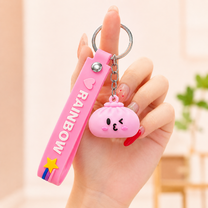 Cute Kawaii Dumpling Silicone Keychain with Rainbow Wrist Strap