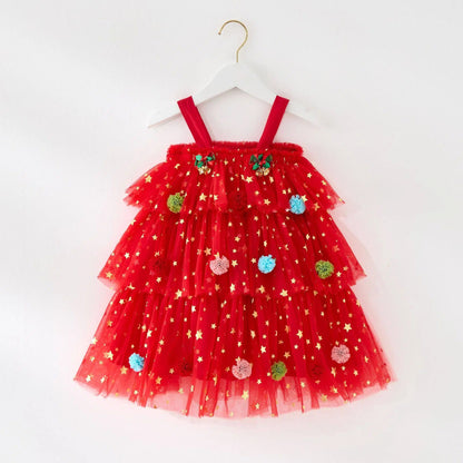Girls Christmas Tulle Dress Festive Holiday Party Dress with Sparkle Stars & Pom Pom Details