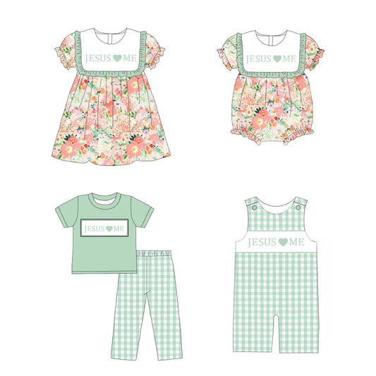Kids Fall Sibling JESUS LOVE ME Embroidery Green Floral Plaid Clothes