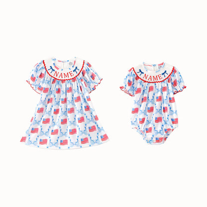 July 4th Blue Red Custom Name Embroidery Smock Outfits