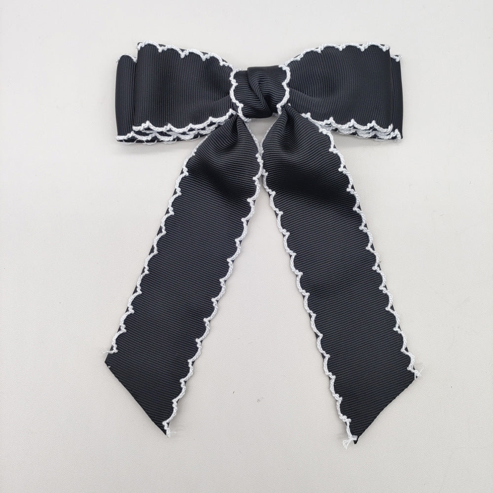 Girls Grosgrain Ribbon Bow Hair Clip – Contrast Scalloped Stitching & Long Ribbon Tails