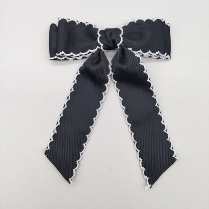 Girls Grosgrain Ribbon Bow Hair Clip – Contrast Scalloped Stitching & Long Ribbon Tails