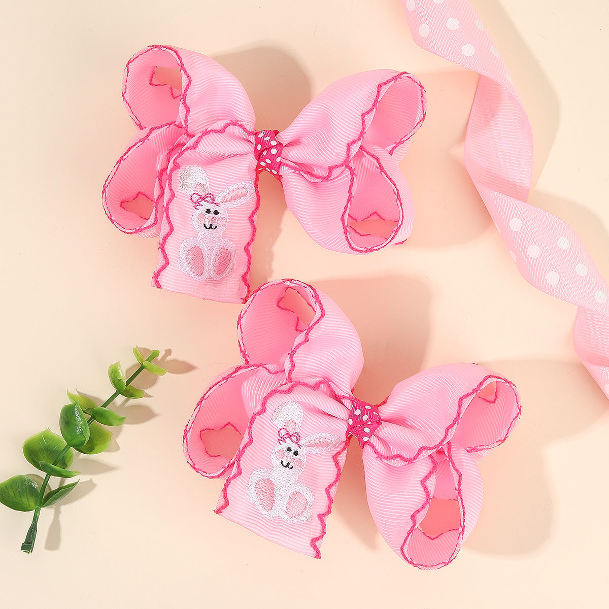 Kids Easter Bunny Embroidered Bow Hair Clip with Overlock Edges, Grosgrain Ribbon Hair Accessory