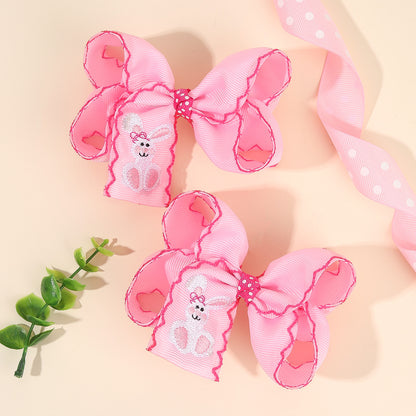 Kids Easter Bunny Embroidered Bow Hair Clip with Overlock Edges, Grosgrain Ribbon Hair Accessory