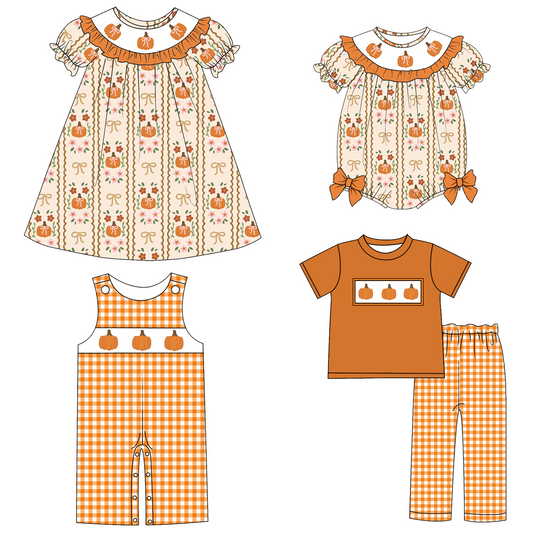 Kids Fall Thanksgiving Orange Plaid Pumpkin Embroidery Sibling Clothes