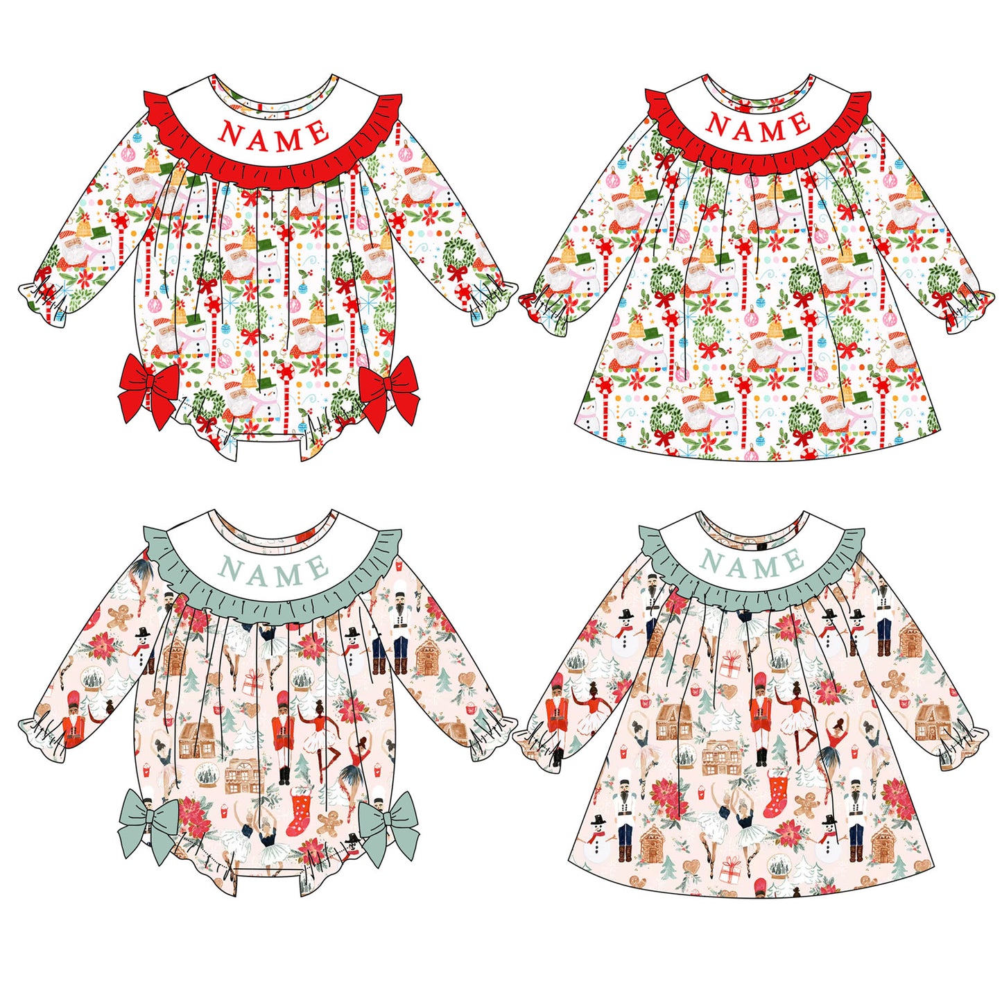 Girls Christmas Cartoon Custom Name Smock Embroidery Collection