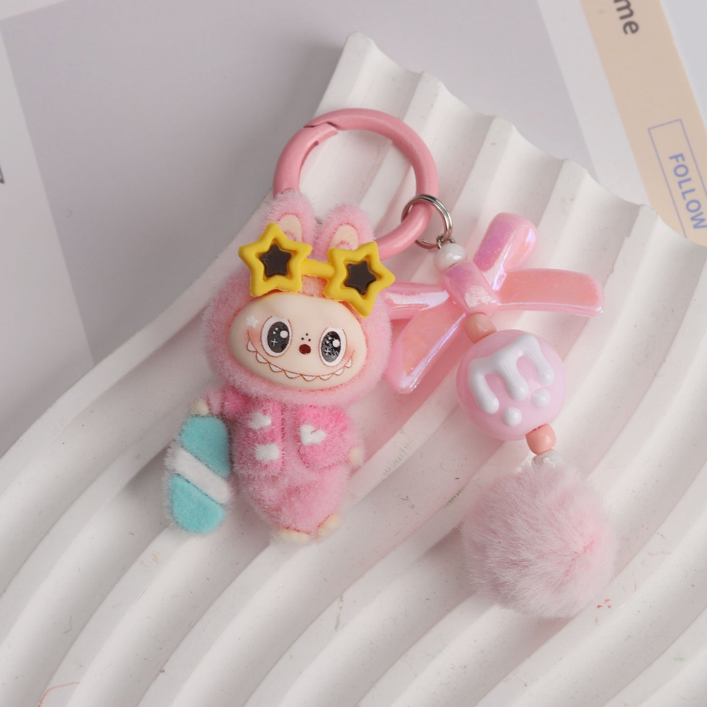 New Flocked Surfboard Sunglasses Labubu Beaded Keychain Cute Charm Bag Pendant Accessory