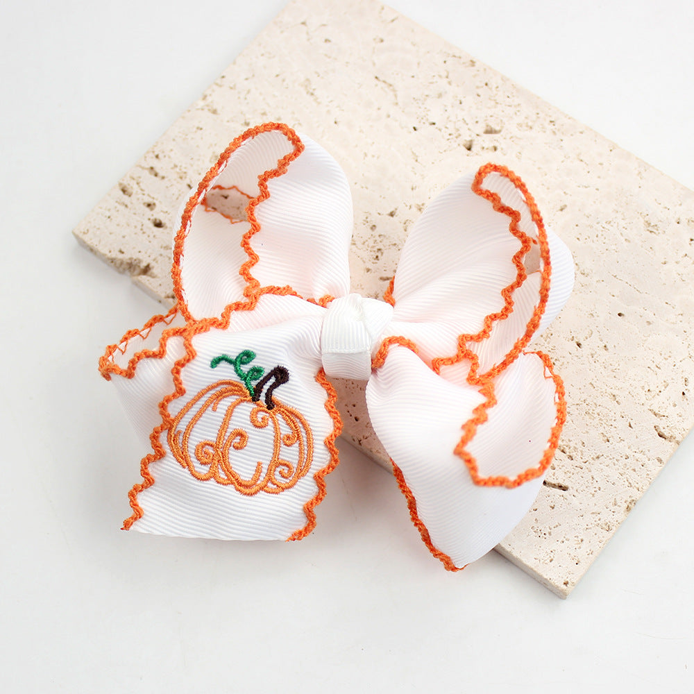 Halloween Pumpkin Embroidered Hair Bow Clips – Wavy Edge, 10 Pack