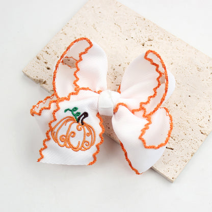 Halloween Pumpkin Embroidered Hair Bow Clips – Wavy Edge, 10 Pack