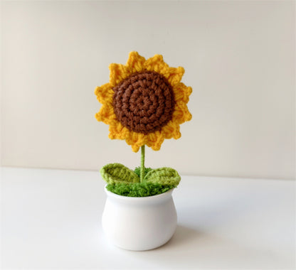 Handmade Knitted Flower Pot – Yarn Sunflower, Carnation & Tulip Desk Decor
