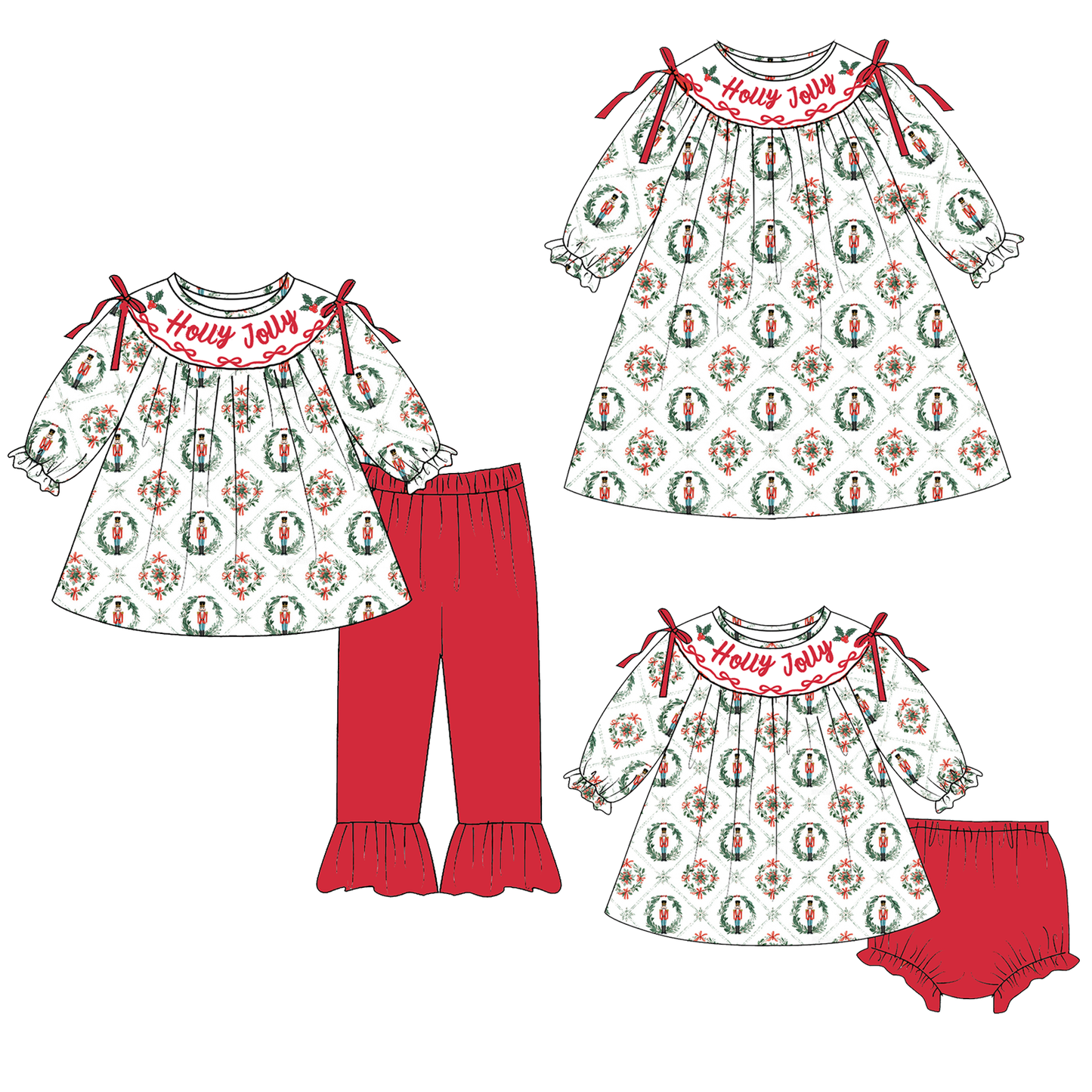 Christmas Holly Jolly Smocked Embroidery Girls Holiday Outfits
